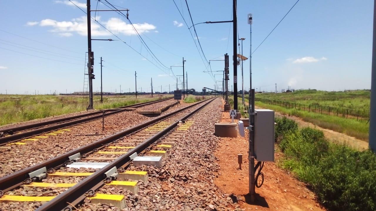 Dynamass rail sensors and trackside enclosure at a South African installation.